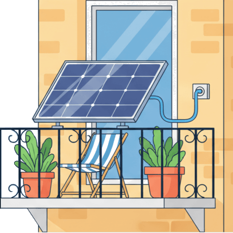 Illustration of a plug-in solar panel mounted on an apartment balcony and connected to a wall outlet.