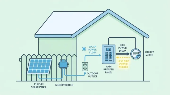 Diagram showing plug-in solar power flow from a panel and microinverter through an outdoor outlet to the home breaker panel to reduce grid power draw