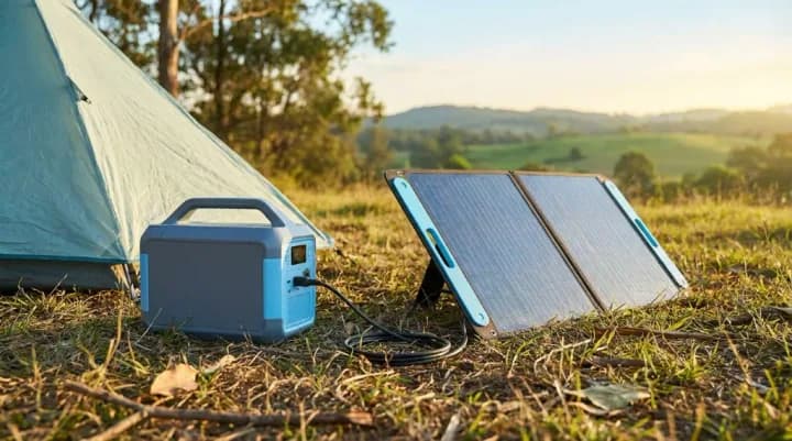 Portable solar generator setup with a power station and foldable solar panels next to a tent in an outdoor campsite